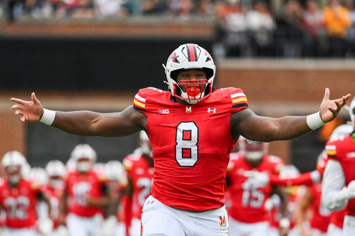 Sep 7, 2024; College Park, Maryland, USA; Maryland Terrapins defensive lineman Jordan Phillips (8) takes the field before the game against the Michigan State Spartans at SECU Stadium.