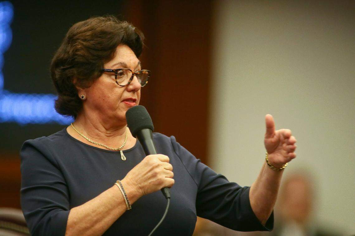 Sen. Kathleen Passidomo, R-Naples, answers a procedural question about a bill that would strip Disney of its special status on the floor of the Senate on April 19, 2022, at the Capitol in Tallahassee, Fla.