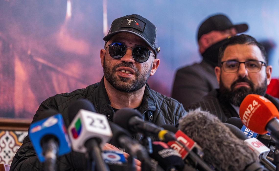 Proud Boy leader Enrique Tarrio talks Friday, January 24, 2025, near his lawyer Nayib Hassan (far right) at Las Vegas Cuban Cuisine in Doral.