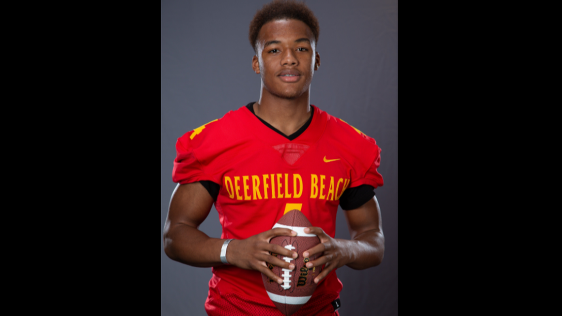 Deerfield Beach’s Jaylan Knighton, seen posing during High School Football Media Day at Hard Rock Stadium on Aug. 4, 2018, rushed for 88 yards and a touchdown in his team’s 40-0 kickoff classic win against Stranahan on Thursday, Aug. 16, 2018.