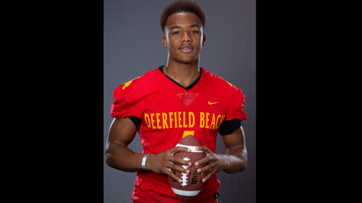 Deerfield Beach’s Jaylan Knighton, seen posing during High School Football Media Day at Hard Rock Stadium on Aug. 4, 2018, rushed for 88 yards and a touchdown in his team’s 40-0 kickoff classic win against Stranahan on Thursday, Aug. 16, 2018.