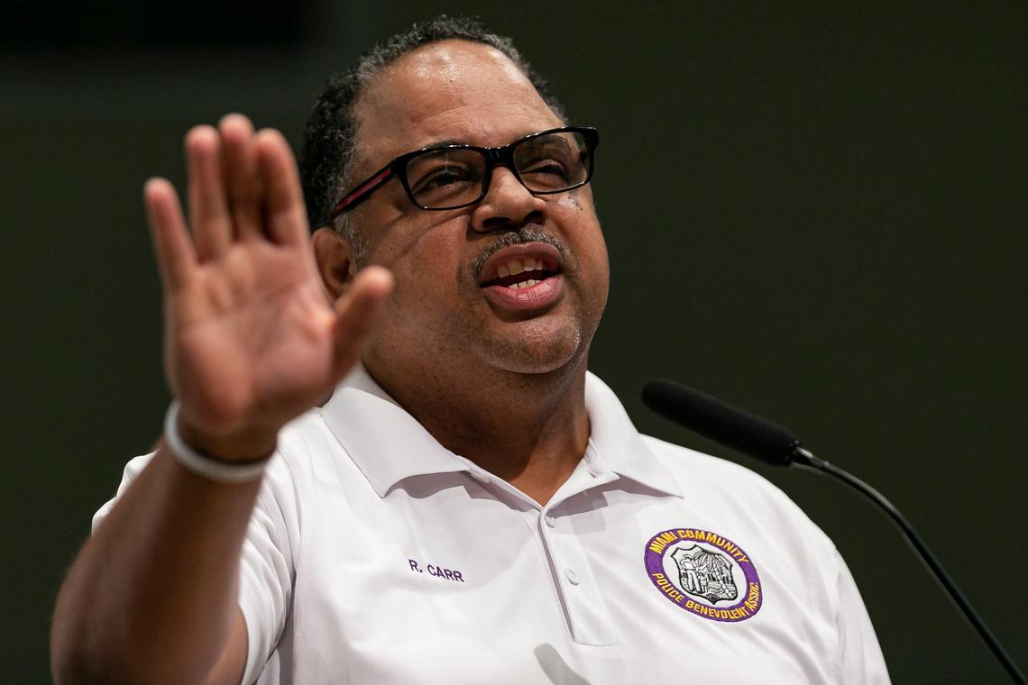 Miami Police Lieutenant Ramon Carr, vice-president of the Miami Community Police Benevolent Association, speaks during a meeting at the Miami City Hall in Coconut Grove on Friday, January 17, 2020.