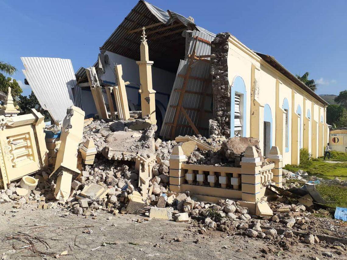 Ruins of the Immaculate Conception Parish in the town of Les Anglais, a southern town west of the epicenter of the earthquake in Haiti on the morning of Saturday, Aug. 14, 2021.