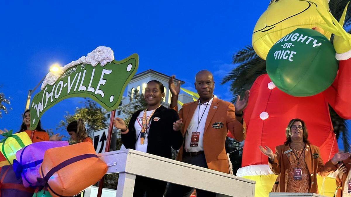 Members of the Orange Bowl Committee on their float entry in the 75th Annual Junior Orange Bowl Parade bring Dr. Seuss’ Who-Ville to Coral Gables’ Miracle Mile on Dec. 10, 2023.