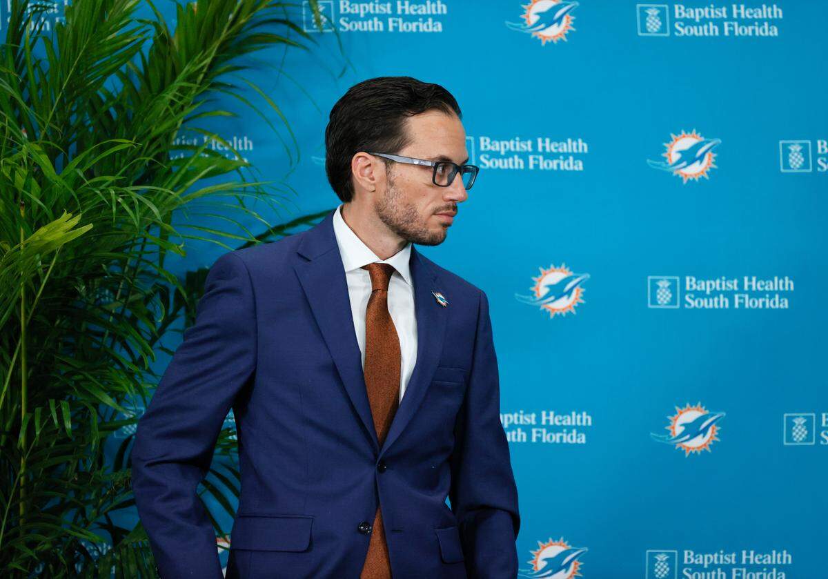 New Miami Dolphins head coach Mike McDaniel looks on during his introductory press conference at Baptist Health Training Complex in Hard Rock Stadium on Thursday, February 10, 2022 in Miami Gardens, Florida.