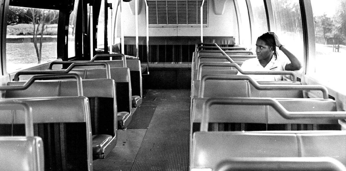 The interior of a bus as it pulls into the a Miami Lakes technical education center in 1981.