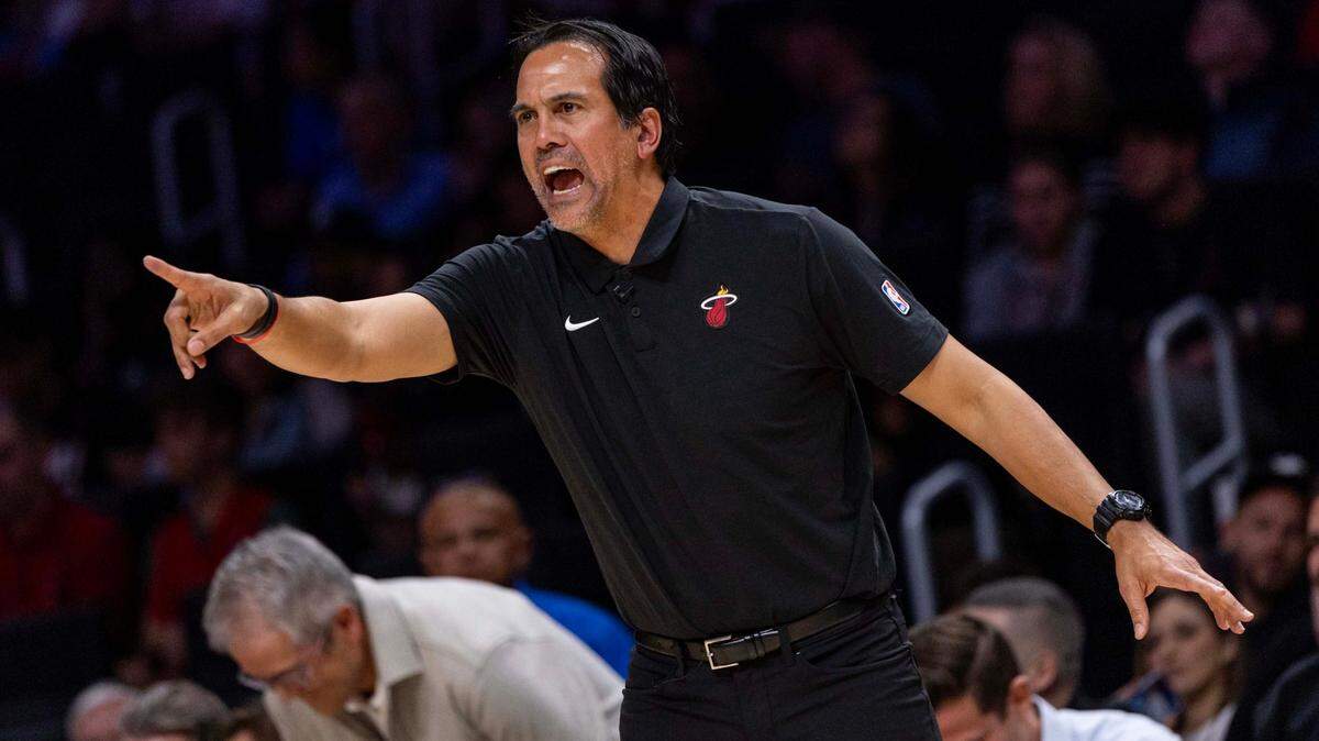 Miami Heat Head Coach Erik Spoelstra reacts from the sidelines during the second half of an NBA game against the Detroit Pistons at Kaseya Center on March 19, 2025, in Miami.