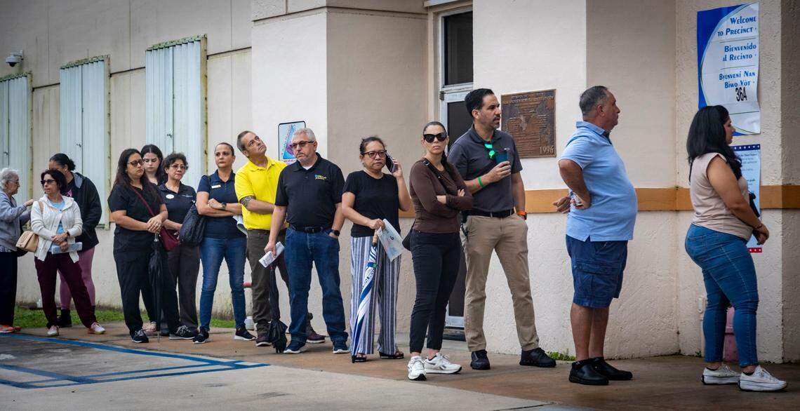 Miami, Florida, November 5, 2024 - Voters line up to cast their ballots at Miami-Dade County Fire Station #44, 7700 NW 186 St.