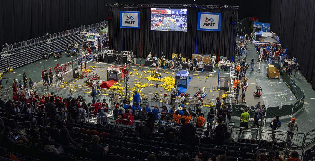Students participate in the 2026 FIRST Robotics South Florida Regional Competition at the University of Miami’s Watsco Center on Friday, April 10, 2026, in Coral Gables, Fla. Participants from local school districts, surrounding states, and international teams are competing for an opportunity to earn a spot at the 2026 FIRST World Championship.