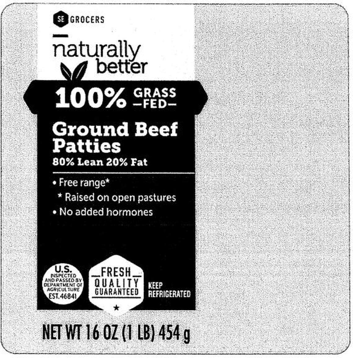 The label for SE Grocers Naturally Better 100% Grass Fed Ground Beef Patties