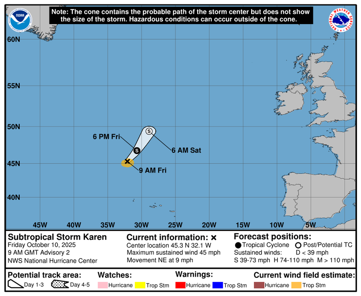 Subtropical Storm Karen rapidly formed overnight but has a short lifespan.