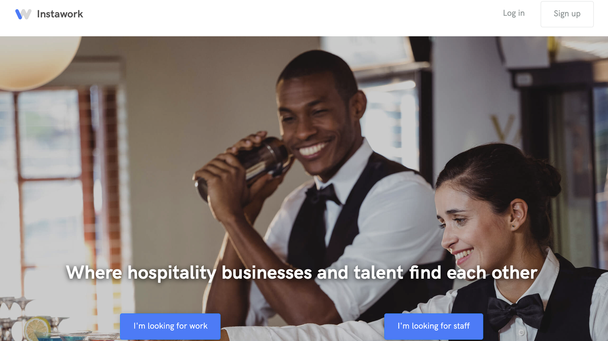 Instawork.com’s homepage. Its app lets users efficienly find hospitality gigs or qualified workers.
