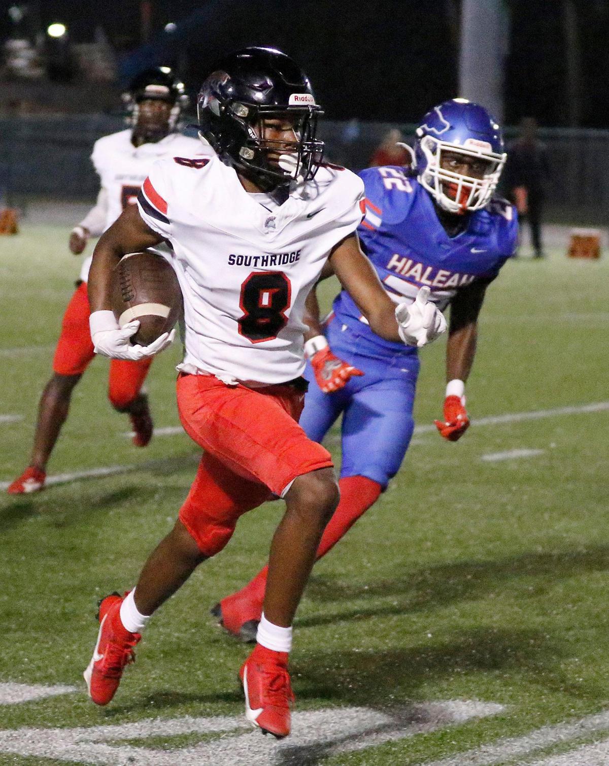 Southridge Spartans wide receiver Darius Clements (8) runs the ball against Hialeah Thoroughbreds during the first round playoff football game on Friday, November 10, 2023 at Ted Hendricks Stadium in Hialeah.