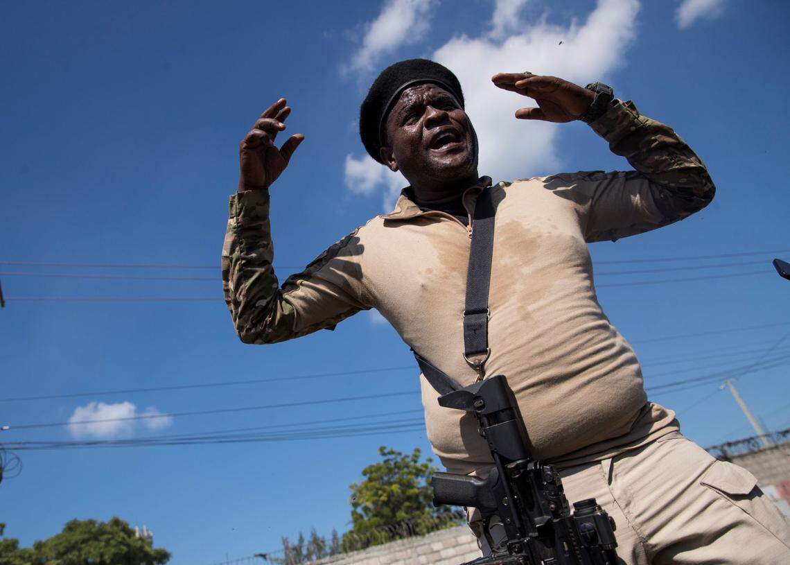 The leader of Haiti’s main armed gang, Jimmy Chérizier, alias Barbecue, speaks to the media during a tour of the La Saline neighborhood, in Port-au-Prince, Haiti, 03 November 2021. Barbecue, kingpin of the group called G9 Fanmi e Alye, summoned the national and international press in the impoverished neighborhood of La Saline and read a statement charging against the government and calling for the resignation of Prime Minister Ariel Henry.