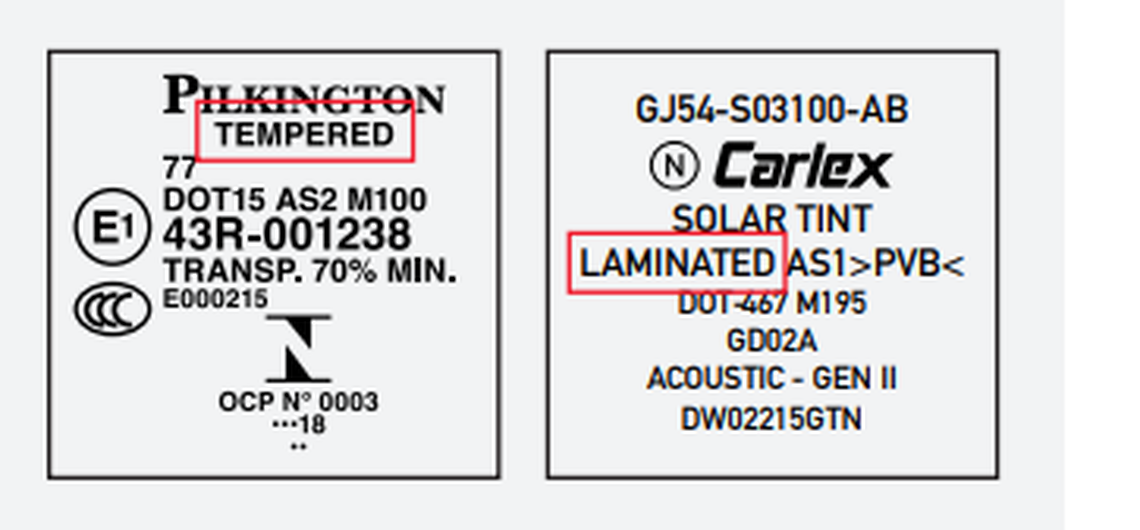 A label, like the one pictured, can typically be found in the bottom corner of the side window. This label should indicate whether the glass is tempered or laminated.