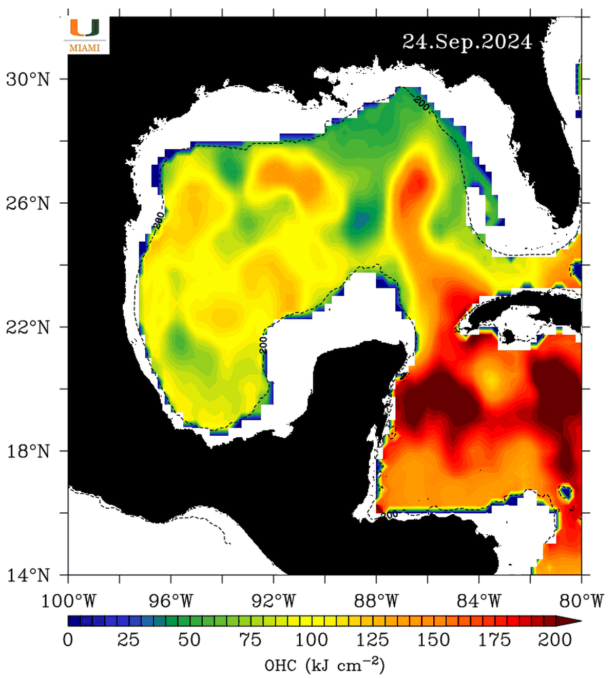 A satellite map of the Gulf of Mexico reveals the “loop current,” a hairpin curve of hotter than usual water that could help grow future Hurricane Helene into a Category 3 storm.
