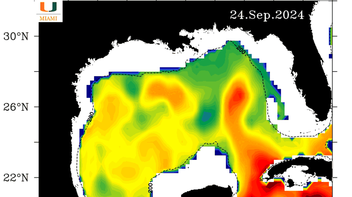 A satellite map of the Gulf of Mexico reveals the “loop current,” a hairpin curve of hotter than usual water that could help grow future Hurricane Helene into a Category 3 storm.
