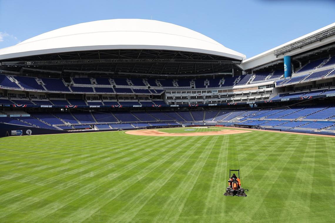 Field maintenance crew rides the mower as the park prepares for the team’s season opener. The Marlins gave the media a tour of the new renovations and food offerings, ending with a short interview with Derek Jeter, CEO/part owner of the Miami Marlins on Tuesday, March 26, 2019 as the team prepares for the season opener against Colorado Rockies, Thursday, March 28th.