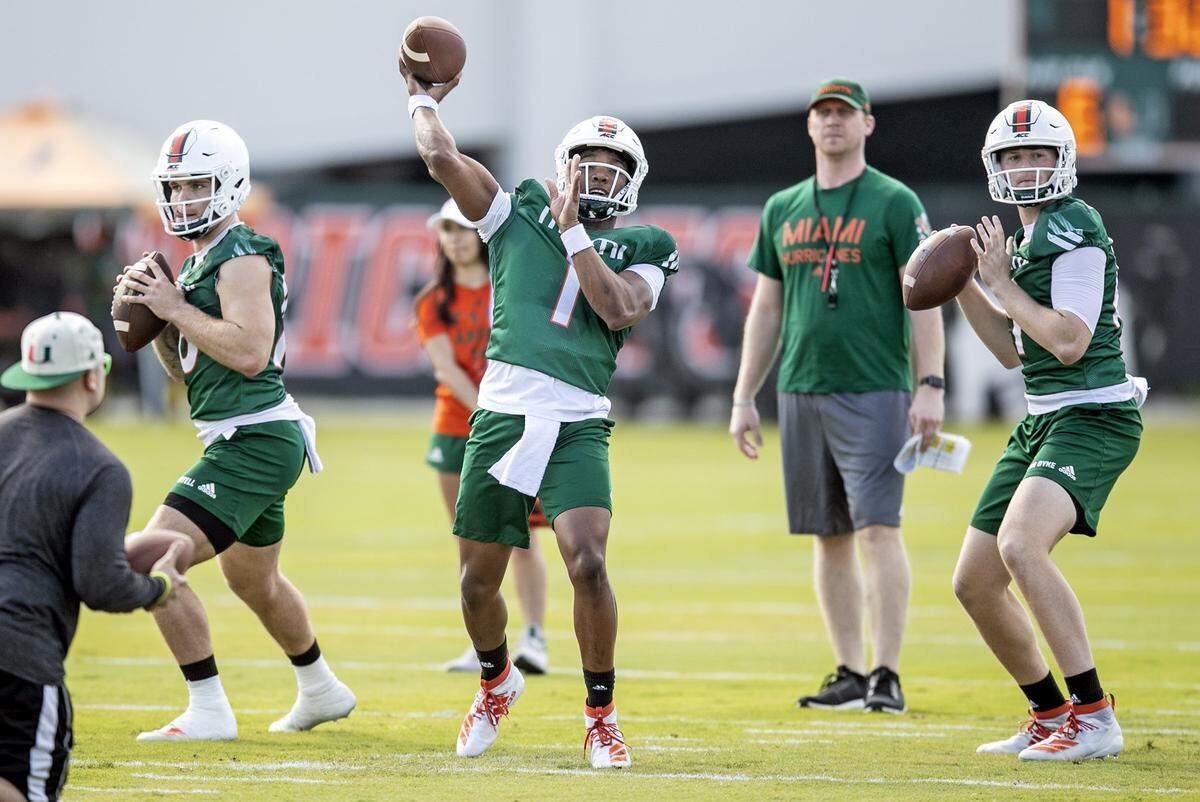 Miami Hurricanes quarterback D’Eriq King (1) throws the ball during practice at the University of Miami’s Greentree Field in Coral Gables on March 2.
