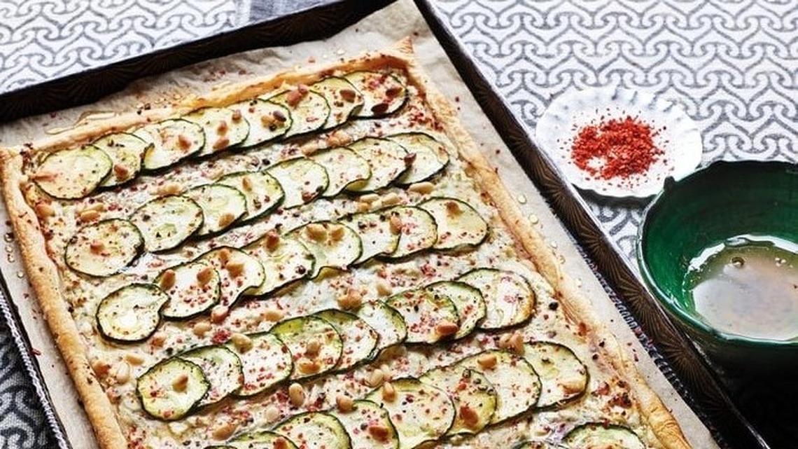 Zucchini, Lemon, Feta and Pine Nut Tart.