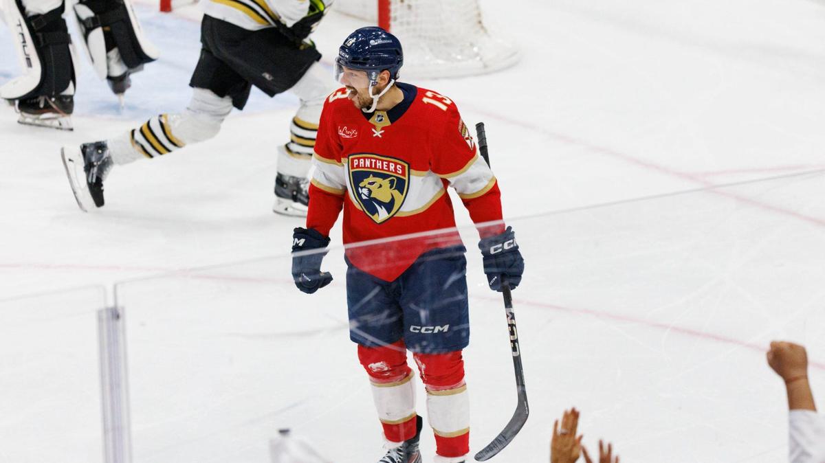Florida Panthers center Sam Reinhart (13) smiles after scoring a goal during the second period of Game 5 of a second-round Stanley Cup Playoff series on Tuesday, May 14, 2024, at Amerant Bank Arena in Sunrise, Fla.