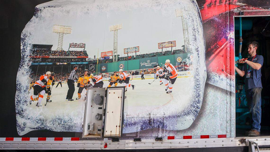 Michael Weishaar tightens values inside one of the NHL Mobile Refrigeration Units as the Florida Panthers and National Hockey League held a press conference with NHL VP of Hockey Operations, Derek King and Andrew Higgins, NHL’s Senior Manager of Facilities, on Wednesday, Dec. 17, 2025, at loanDepot Park in Miami, Florida.