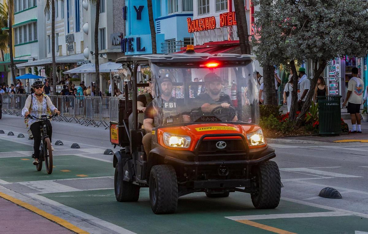 FBI officers are seen patrolling along Ocean Drive, during spring break in South Beach, on Saturday March 09, 2024.