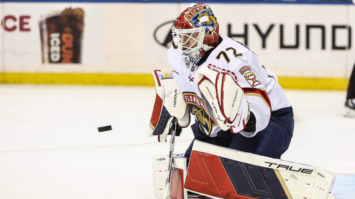 Oct 24, 2024; New York, New York, USA; Florida Panthers goaltender Sergei Bobrovsky (72) makes a save on a shot on goal attempt in the second period against the New York Rangers at Madison Square Garden.
