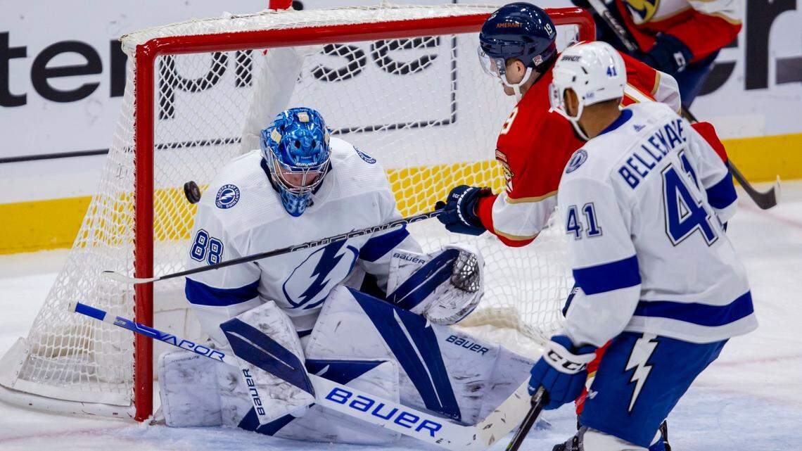 Florida Panthers left wing Matthew Tkachuk (19) scores on Tampa bay Lightning goalie Andrei Vasilevskiy (88) during the first period of an NHL game at FLA Live Arena in Sunrise, Florida, on Friday, October 21, 2022.
