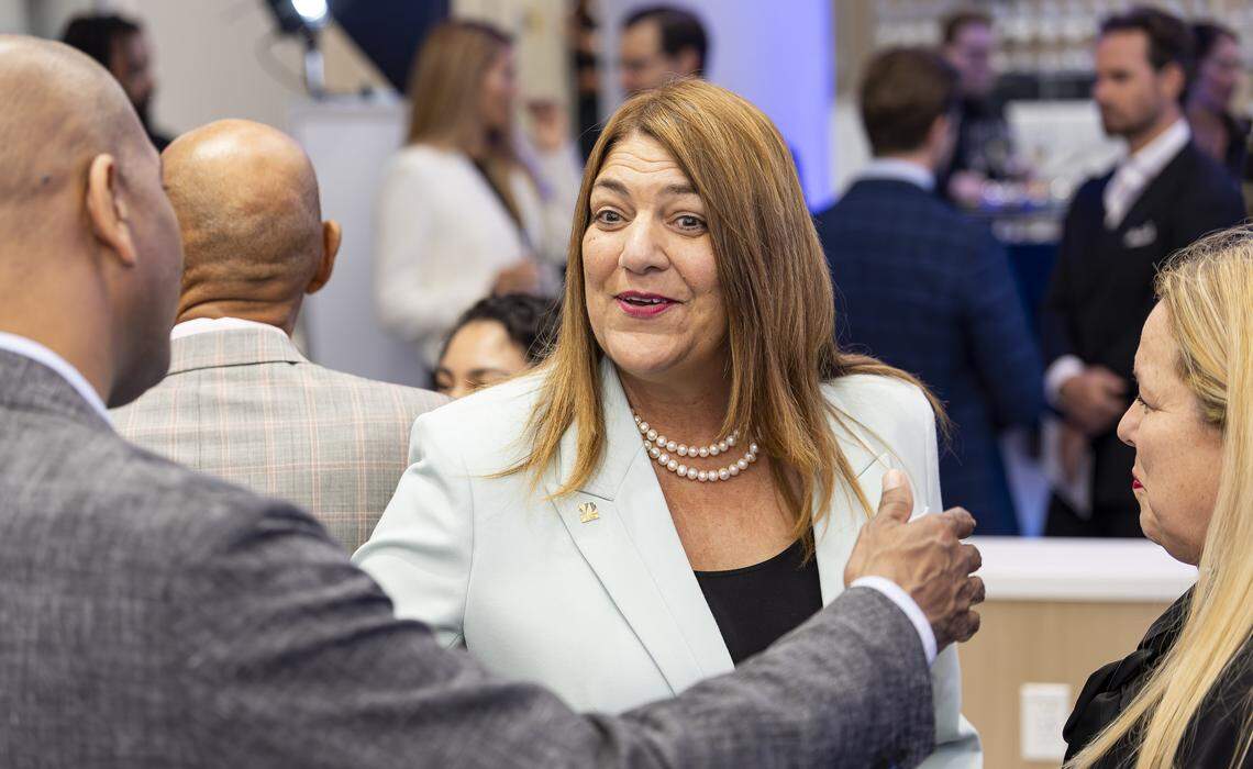 Madeline Pumariega, president of Miami Dade College, attends a preview event of a new emergency room at Jackson Memorial Hospital on Thursday, April 16, 2026, in Miami, Fla.