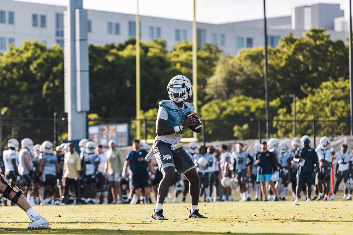 FIU quarterback Keyone Jenkins sets to throw a pass during Wednesday’s fall practice at FIU - the Panthers’ first of the 2024 preseason.