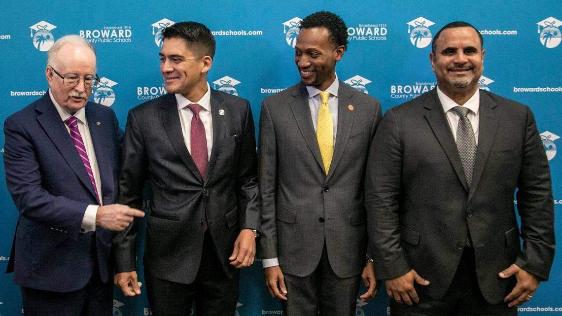 The four new Broward School Board members, appointed by Gov. Ron DeSantis on Aug. 26, 2022, after suspending four sitting board members. From left, Kevin Tynan, Ryan Reiter, Torey Alston and Manuel Nandy Serrano. They were sworn into the board on Aug. 30, 2022.