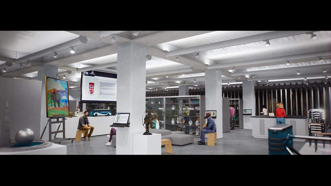 An architectural rendering displays a view of a contemplated “open storage” feature in which visitors can see stored objects in the collection at the Wolfsonian-FIU museum in Miami Beach. The feature would be created as part of a planned expansion.