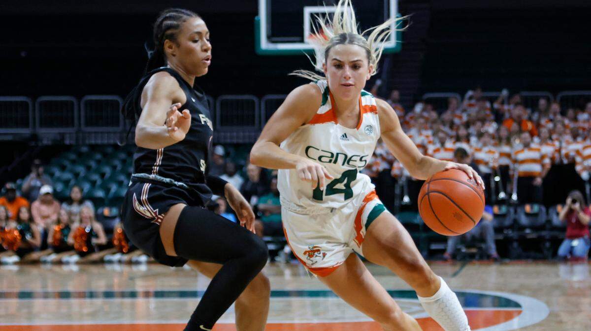 Miami Hurricanes guard Haley Cavinder (14) scored a career-high 33 points in a 68-64 win over Florida State on Feb. 9. UM faces No. 9 Duke on Feb. 12 in Durham, N.C.