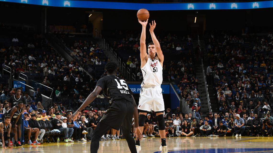 Vladislav Goldin #50 of the Miami Heat shoots a three point basket during the game against the San Antonio Spurs during the 2025 NBA California Classic on July 5, 2025 at Chase Center in San Francisco, California.