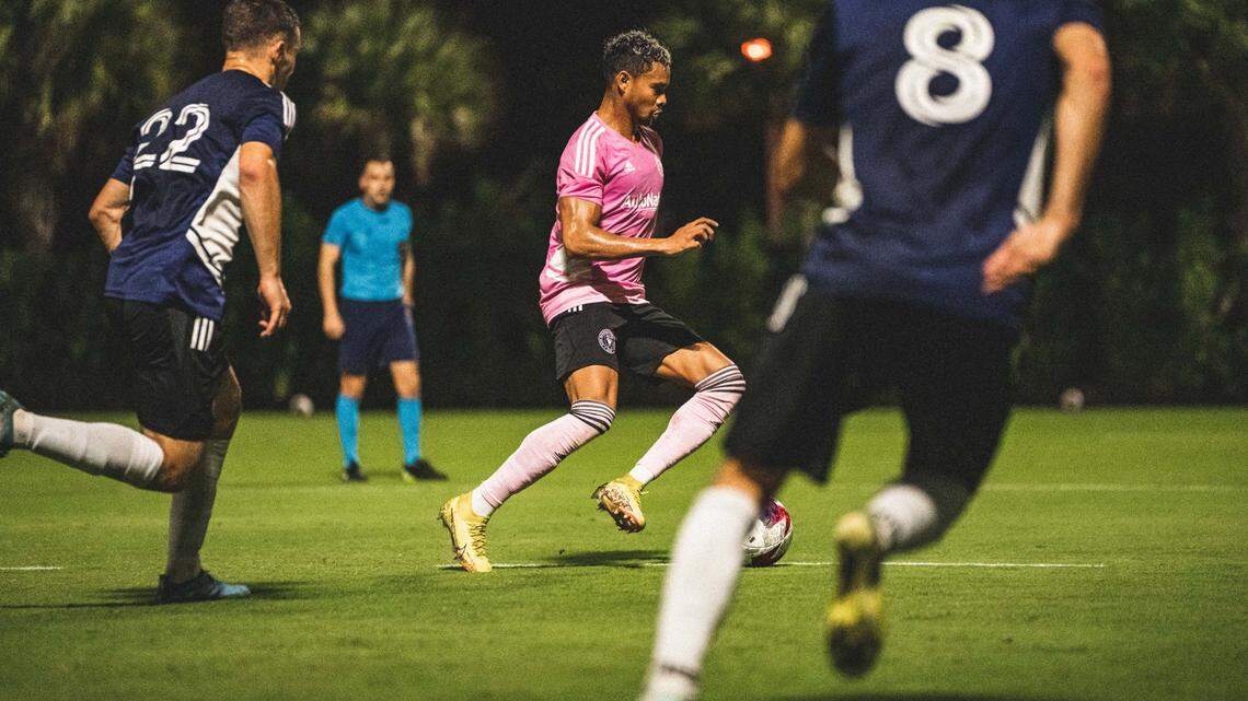 Inter Miami forward Ari Lassiter dribbles the ball against St. Louis City SC in a preseason scrimmage Jan. 28, 2023 at Miami’s training facility in Fort Lauderdale. Miami lost 4-0.