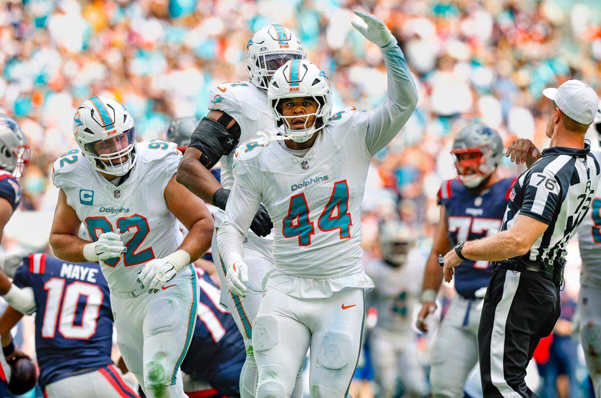 Miami Dolphins linebacker Chop Robinson (44) reacts after a play in the first half of their NFL football game against the New England Patriots at Hard Rock Stadium in Miami Gardens, Florida, on Sunday, November 24, 2024. 