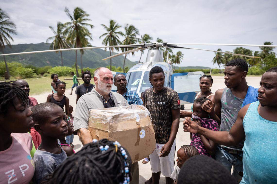 Celebrity chef and restaurateur José Andrés arrives in Boucan Noël, a poor fishing village in Haiti’s Grand’Anse region, with fresh sandwiches on Thursday, August 26, 2021. The oceanfront hamlet was battered by the recent August 14, 2021 earthquake. Andrés, the founder of World Central Kitchen, plans to help the community in its recovery.