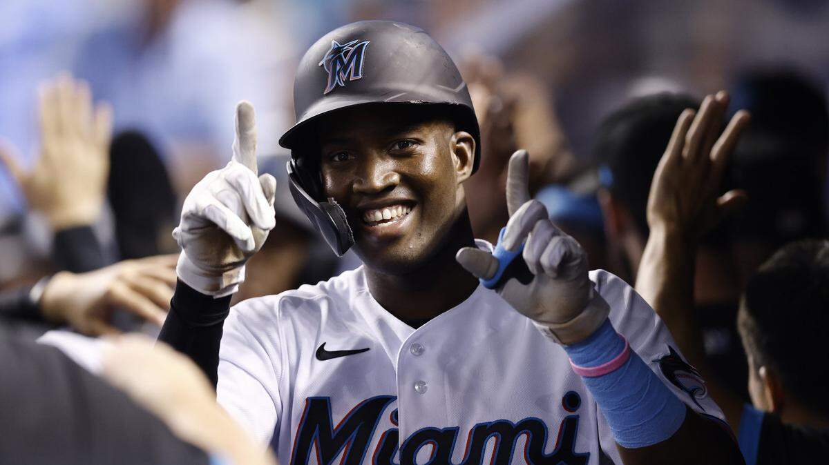 Jesus Sanchez #76 of the Miami Marlins celebrates after hitting a two-run home run off Erick Fedde #23 of the Washington Nationals (not pictured) during the third inning at loanDepot park on September 20, 2021 in Miami, Florida.