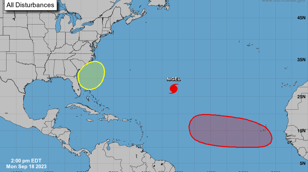 The National Hurricane Center was tracking Hurricane Nigel and two disturbances in or near the Atlantic Ocean on Monday, Sept. 18, 2023.