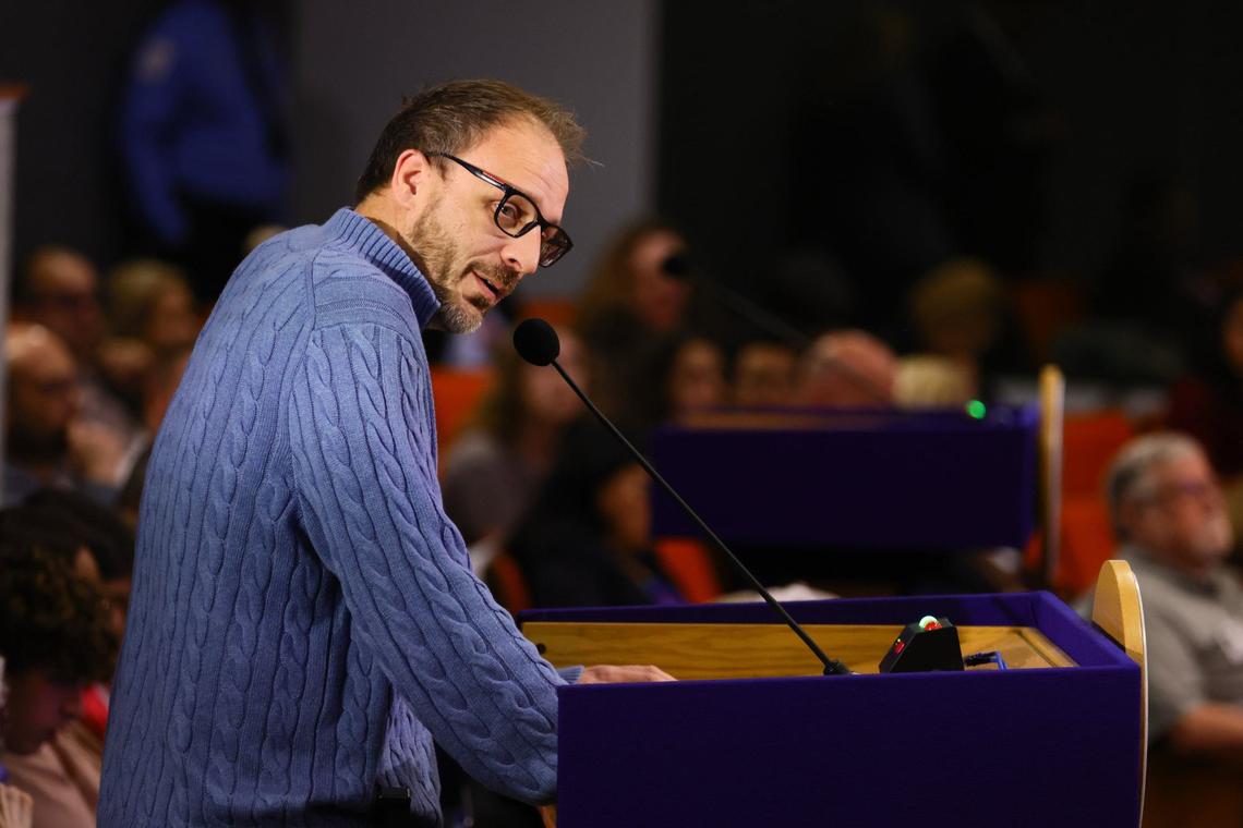 Miami resident Michael Steiner speaks against Miami-Dade public schools recognizing LGBTQ History Month at a Miami-Dade school board meeting.