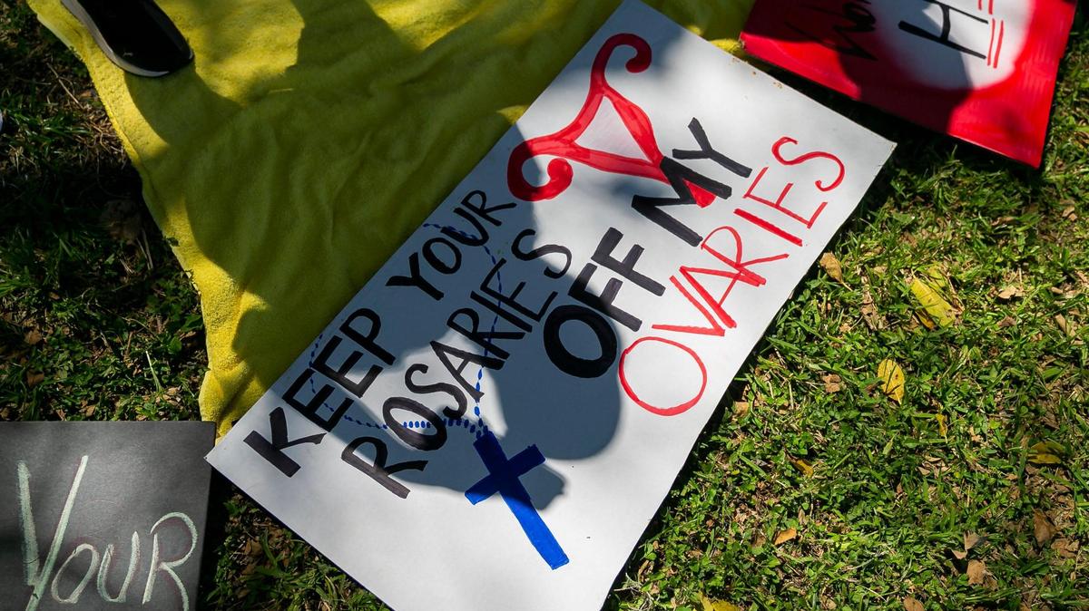 A sign at a “Bans Off Our Bodies” rally held in May at Ives Estates Park in Miami. The rally was held in opposition of the leaked draft opinion from the United States Supreme Court, which later released the official ruling overturning Roe v. Wade, which allows states to restrit or remove women’s constitutional right to an abortion.