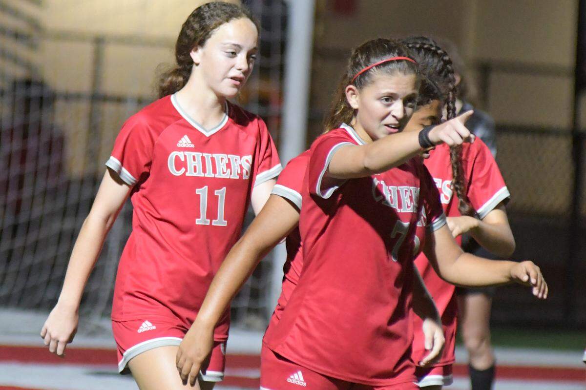 Cardinal Gibbons forward Juliana Torres celebrates after scoring a goal in the Chiefs’ regional quarterfinal win over MAST Academy on Tuesday, Feb. 8, 2021, at Cardinal Gibbons High in Fort Lauderdale, Florida.