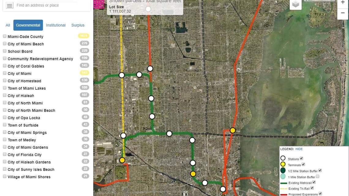 Captura de pantalla de LAND, una herramienta desarrollada por la Universidad de Miami para identificar terrenos baldíos o subutilizados en todo Miami Dade.