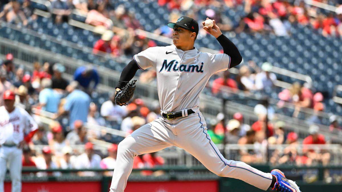 Jun 18, 2023; Washington, District of Columbia, USA; Miami Marlins starting pitcher Jesus Luzardo (44) throws to the Washington Nationals during the second inning at Nationals Park. Mandatory Credit: Brad Mills-USA TODAY Sports