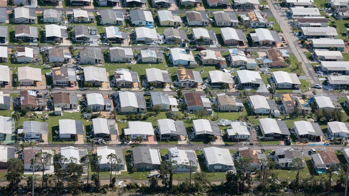 An aerial view of the damaged homes caused by Hurricane Ian are seen in the vicinity of Fort Myers on Thursday, September 29, 2022.