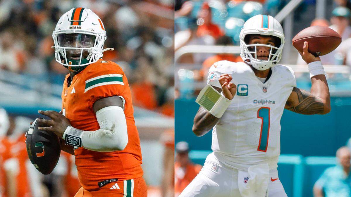 Miami Hurricanes quarterback Cam Ward and Miami Dolphins quarterback Tua Tagovailoa (1)