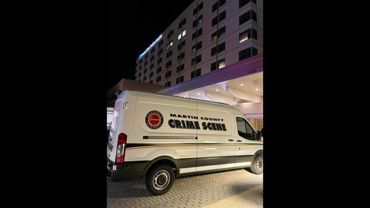 Martin County Sheriff’s Office posted this image of one of its Crime Scene vans outside Cleveland Clinic Tradition Hospital in Port St. Lucie on Sept. 6, 2022. Deputies say two men exchanged gunfire at Booker Park in Indiantown, Florida, just before midnight on Sept. 5. One man was killed, the other severely injured. Three bystanders were hit by bullets.