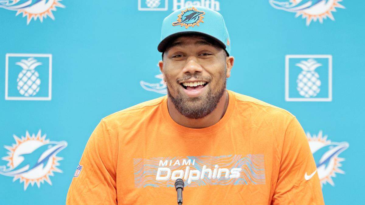 Miami Dolphins linebacker Bradley Chubb (2) speaks to reporters after practice at Baptist Health Training Complex in Miami Gardens on Thursday, November 3, 2022.