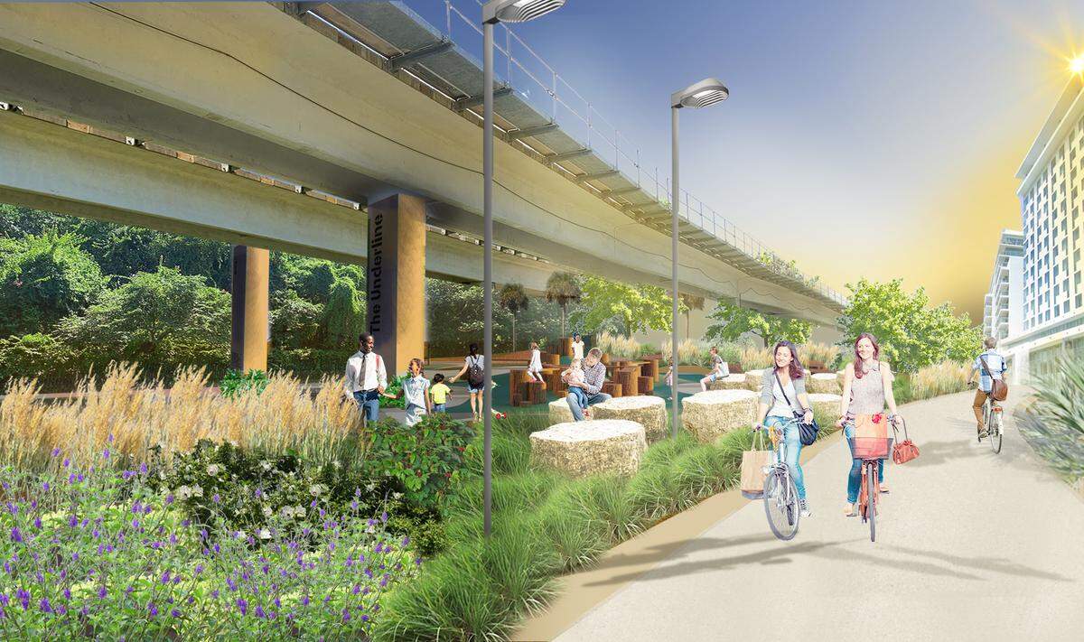 Una representación arquitectónica muestra un parque infantil, un jardín y un sendero para bicicletas que formarán parte de la segunda fase de The Underline junto al Simpson Park de Miami, que se ve a través de las vías elevadas del Metrorail a la izquierda. Las obras de construcción del parque lineal y el sendero de 2.14 millas se están iniciando, y se extenderán a lo largo de 10 millas por debajo de las vías elevadas del Metrorail, desde el río Miami en Brickell hasta la estación de Dadeland South.